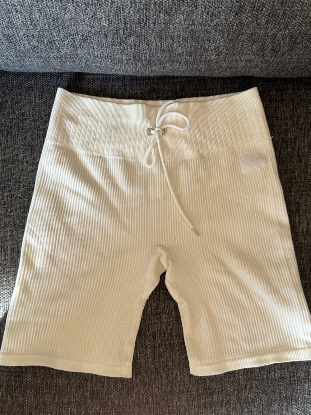 Sommer Ray Ribbed High-Waist Bike Shorts in Cream with Drawstring